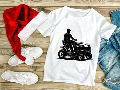 Man riding a lawn mower tractor in a black silhouette illustration