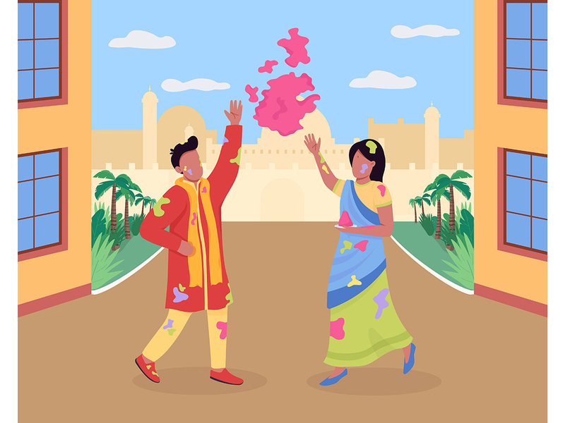 Celebrating Holi festival flat color vector illustration