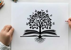 Silhouette of tree growing out of open book with butterflies