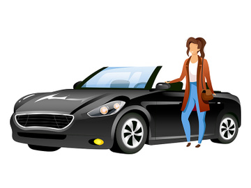Girl standing by car flat color vector faceless character preview picture