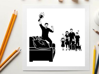 Silhouette of man jumping on couch with megaphone near family silhouette