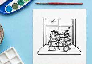 Stack of books with a bow on a windowsill, hand drawn black and white illustration.