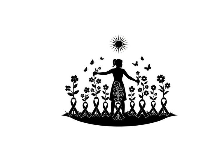 Silhouette of a woman surrounded by flowers and birds in a garden silhouette
