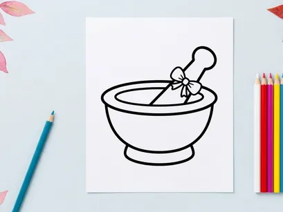 Mortar e pilão com flor branca para preparação de remédio herbal. Ferramenta de moagem de medicina natural para óleos essenciais e produtos orgânicos de bem-estar.