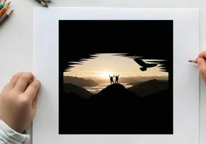 Silhouette of people and airplane at sunset on a mountain