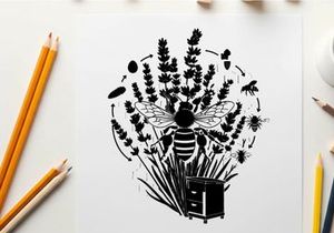 Silhouette of a bee amidst lavender flowers and a book