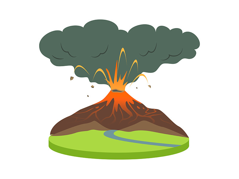Volcano eruption in rural area cartoon vector illustration