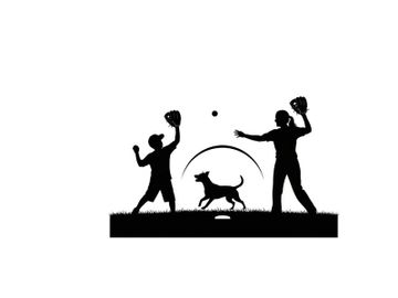 Silhouette of two people playing catch with dog preview picture