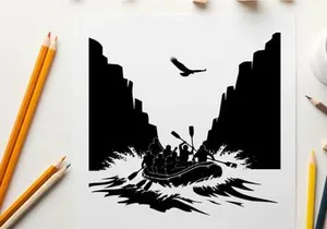 Silhouette of people in a boat with rainbow and bird