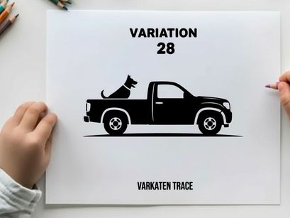 Silhouette of a pickup truck with a dog in the bed