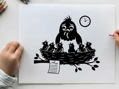 Silhouette of a stressed bird in a nest with young