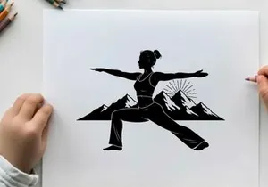 Silhouette of woman in yoga pose with mountain range silhouette