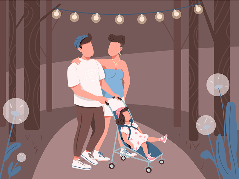 Young family walking in night park flat color vector illustration