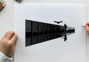 Silhouette of a man walking along a reflective metal fence with a bird flying