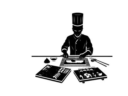 Silhouette of chef preparing sushi on a cutting board