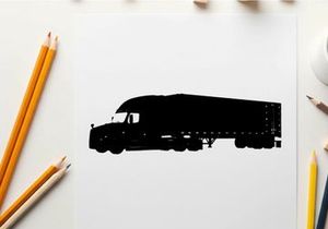 Black silhouette of a large semi truck on white background