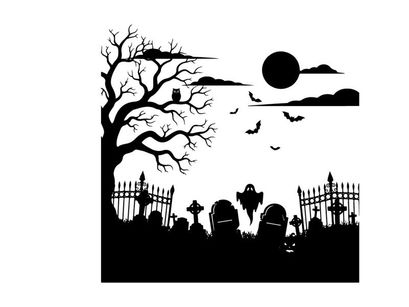Silhouette of a spooky graveyard on a dark and eerie night