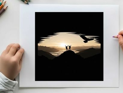Silhouette of people and airplane at sunset on a mountain