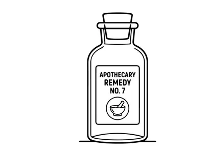 Apothecary glass bottle icon. Vintage medicine vial with mortar and pestle symbol.