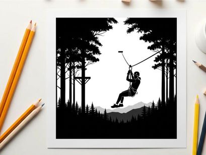 Silhouette of a person ziplining through a forest with trees and mountains