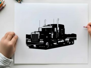 Silhouette of a large truck with a mountain range in the background silhouette preview picture