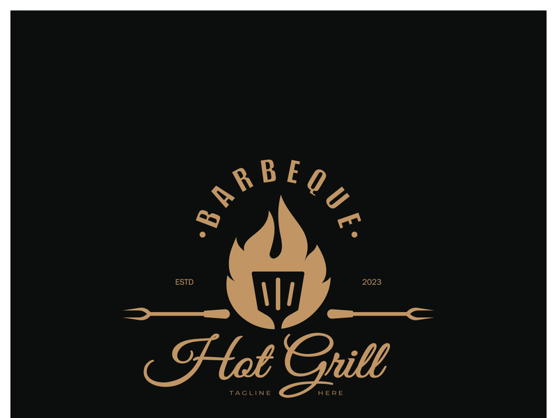 Simple Barbecue Vintage hot grill, with crossed flames and spatula. Logo for restaurant, badge, cafe and bar.vector