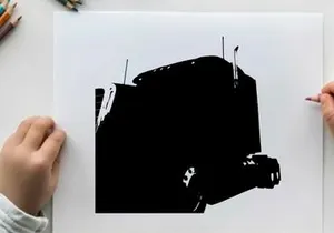 Silhouette of a semi truck against a white background