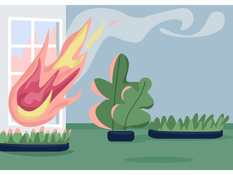 House on fire flat color vector illustration