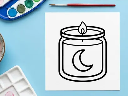 Candlelit jar with crescent moon symbol for Halloween decor. Spooky illuminated night light with mystical ambiance for seasonal celebrations.