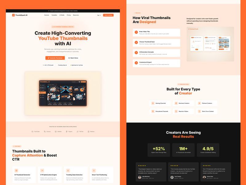 ThumbSpark AI Website Design | AI YouTube Thumbnail Generator Landing page