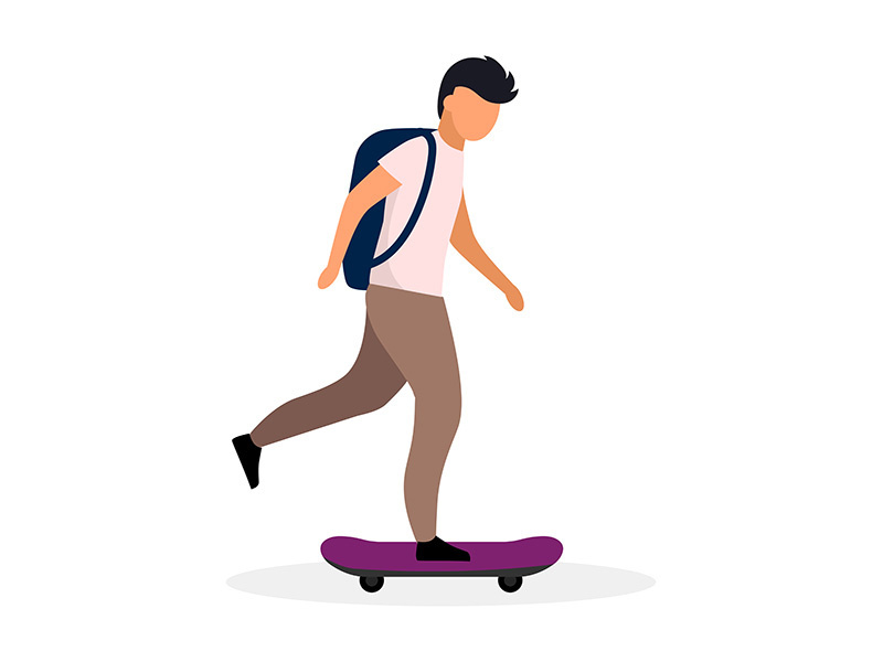 Skateboarder, skater with backpack flat vector illustration