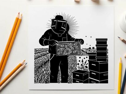 Beekeeper in silhouette inspecting hive boxes in a field