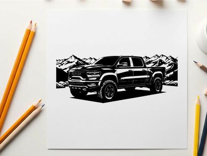 Silhouette of a pickup truck in front of mountains