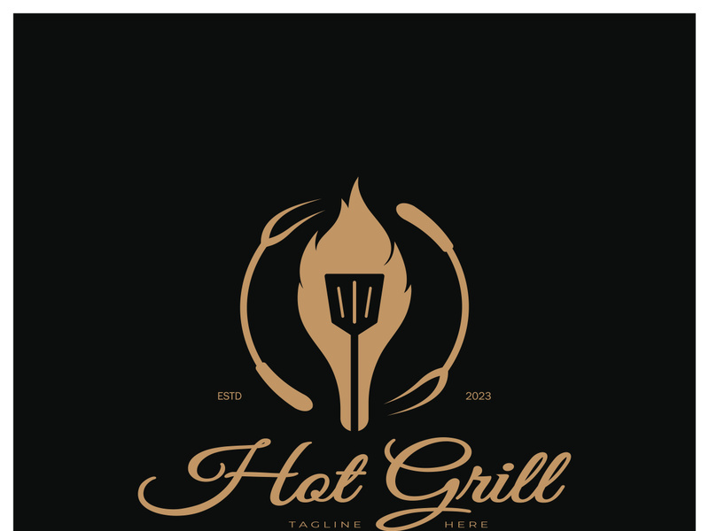 Simple Barbecue Vintage hot grill, with crossed flames and spatula. Logo for restaurant, badge, cafe and bar.vector