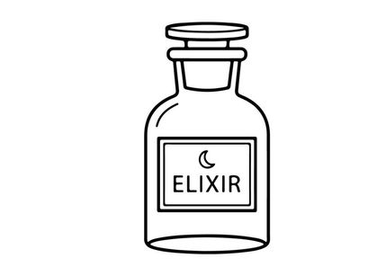 Empty glass bottle labeled elixir on white background. Minimalist healing potion container for health and wellness branding.