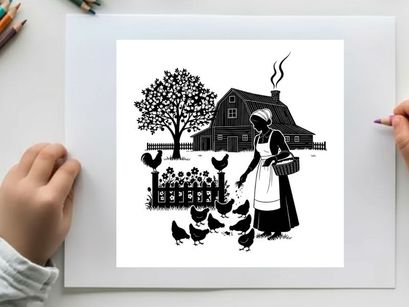 Silhouette of a woman feeding chickens in a rural setting