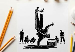 Breakdancer in silhouette performs dynamic move with friends