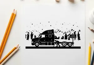 Truck and dog silhouette in winter landscape with mountains