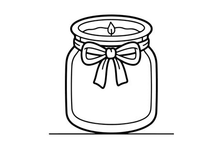 Candle in a glass jar with a bow. Simple line art drawing of a decorative scented candle.