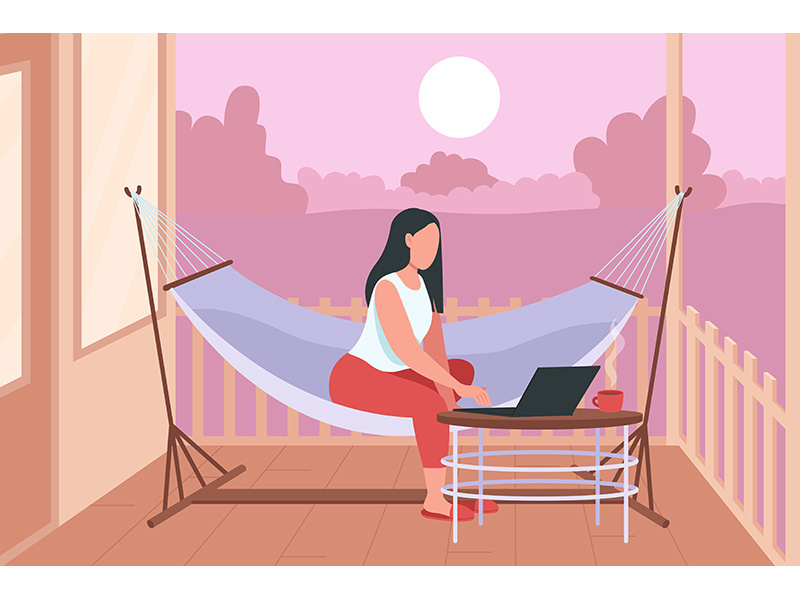Woman in hammock with laptop flat color vector illustration