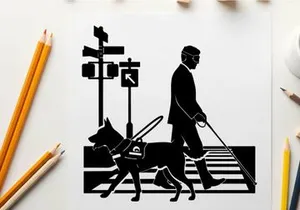 Silhouette of a blind man with guide dog crossing street