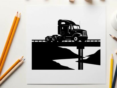 Silhouette of a semi truck on a bridge with mountains