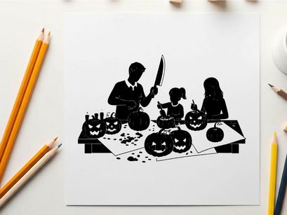 Family carving jack o lanterns in silhouette on halloween night
