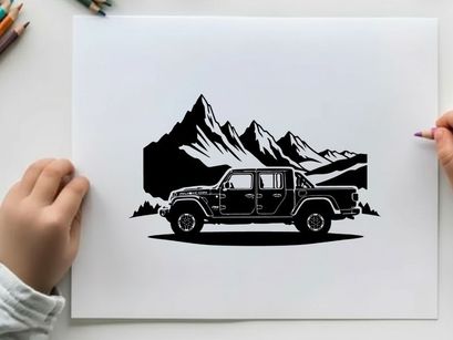 Silhouette of a jeep in front of majestic mountain range silhouette