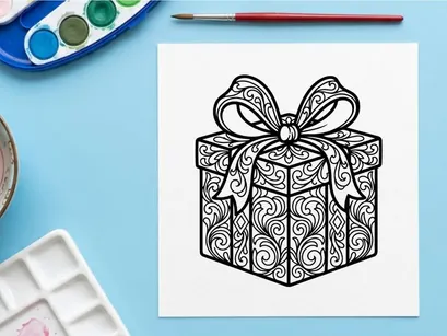 Kotak hadiah Natal dengan pola floral rumit untuk halaman mewarnai atau desain liburan