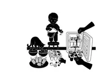Silhouette of a child and dog near food and refrigerator