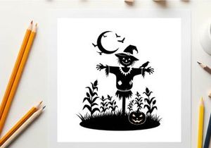 Halloween silhouette of scarecrow in cornfield under crescent moon