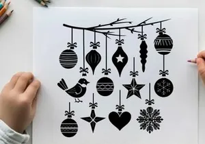 Christmas ornaments silhouette hanging from tree branch