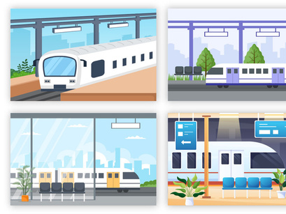 18 Train Station Flat Design Illustration