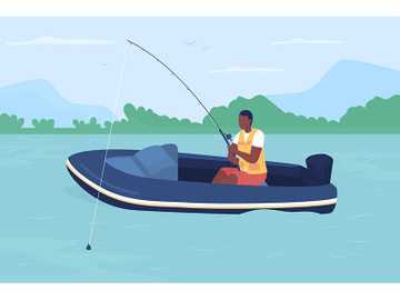 Fisherman in boat flat color vector illustration preview picture